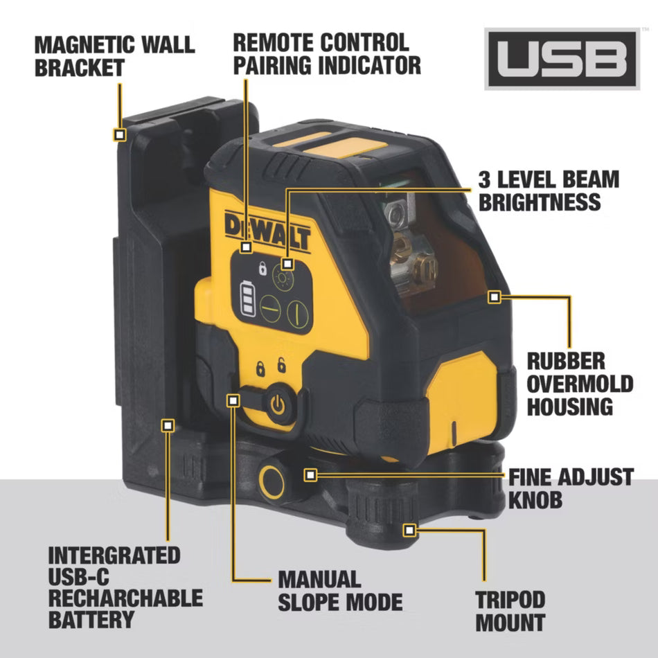 DeWalt USB Cross Line Red Beam Laser DCLE14201RB-XJ