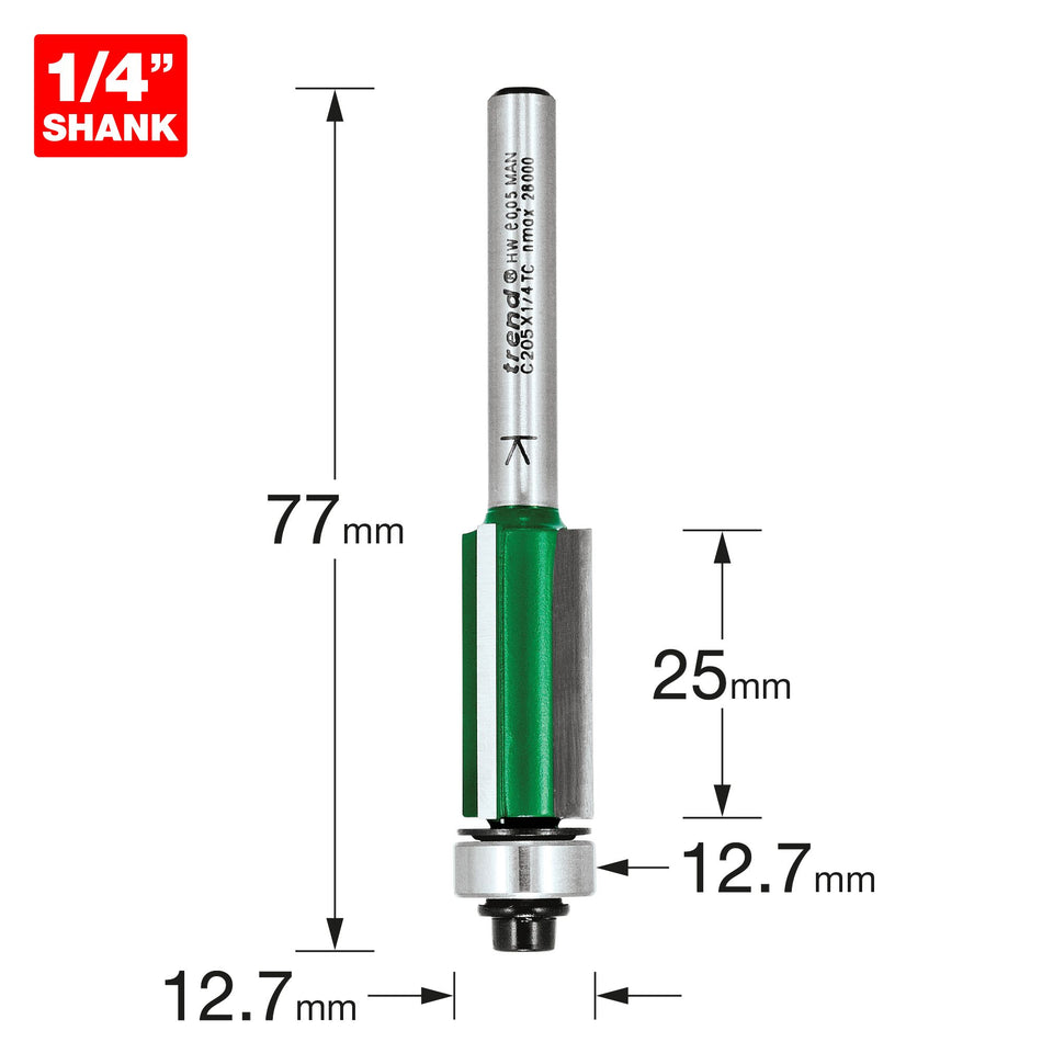 Trend C205X1/4TC - Bearing guided three flute trimmer 12.7mm diameter 25mm length