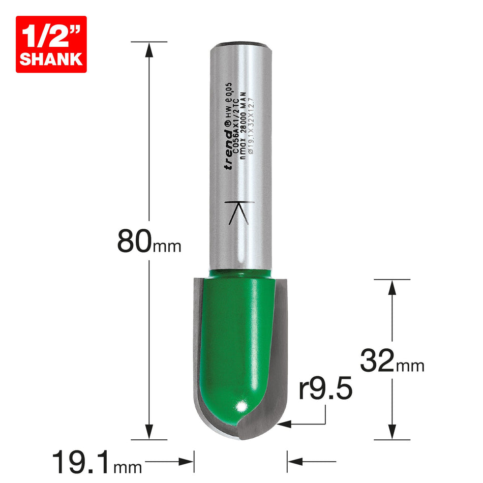 Trend C056AX1/2TC - Trend CraftPro 1/2" TCT 9.5mm Radius Draining Groove Router Cutter, 19mm x 32mm