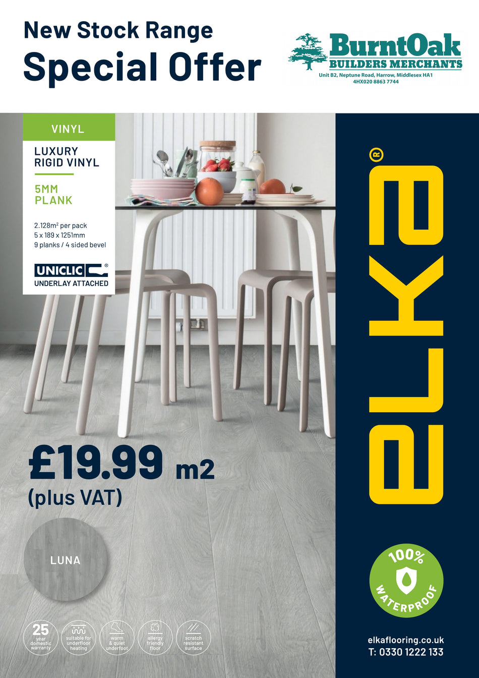 Elka Uniclic Plank LVT Luxury Rigid Core Vinyl Flooring Luna 5x189x1251mm 2.128m²